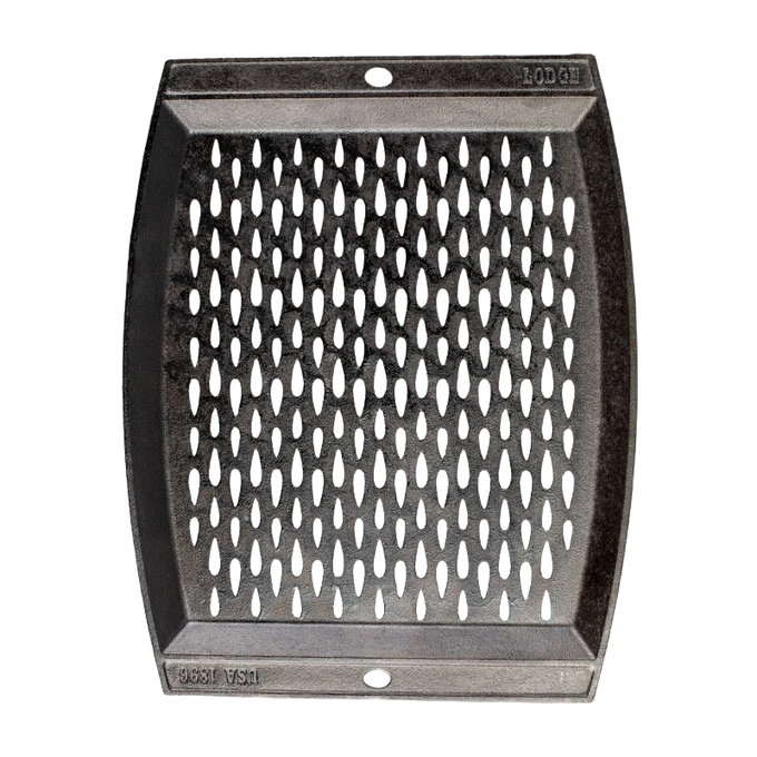 Handcrafted cast iron grill topper pan with perforated teardrop pattern for enhanced grill flavor, made in USA, ideal for Kitchen & Food, Cookware, Cast Iron, and Best Sellers collections.