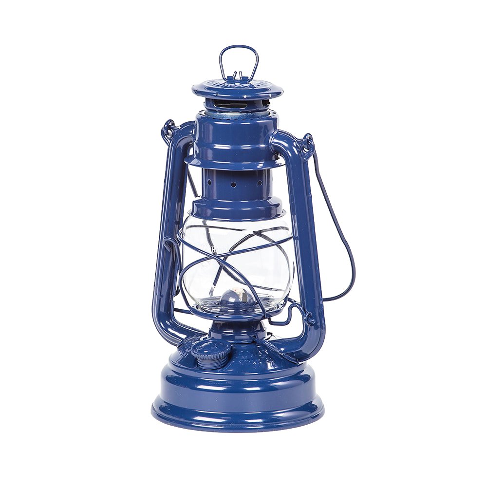 Blue galvanized oil lantern with heat-resistant clear glass globe and sturdy metal frame, designed for reliable light in camping, emergency supplies, and outdoor use, featured in best sellers and promo collections.