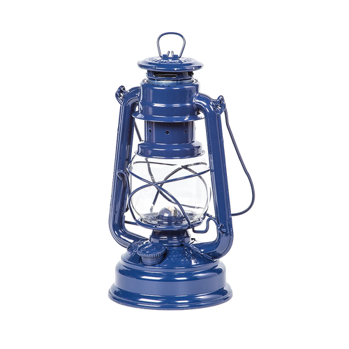 Blue galvanized oil lantern with heat-resistant clear glass globe and sturdy metal frame, designed for reliable light in camping, emergency supplies, and outdoor use, featured in best sellers and promo collections.