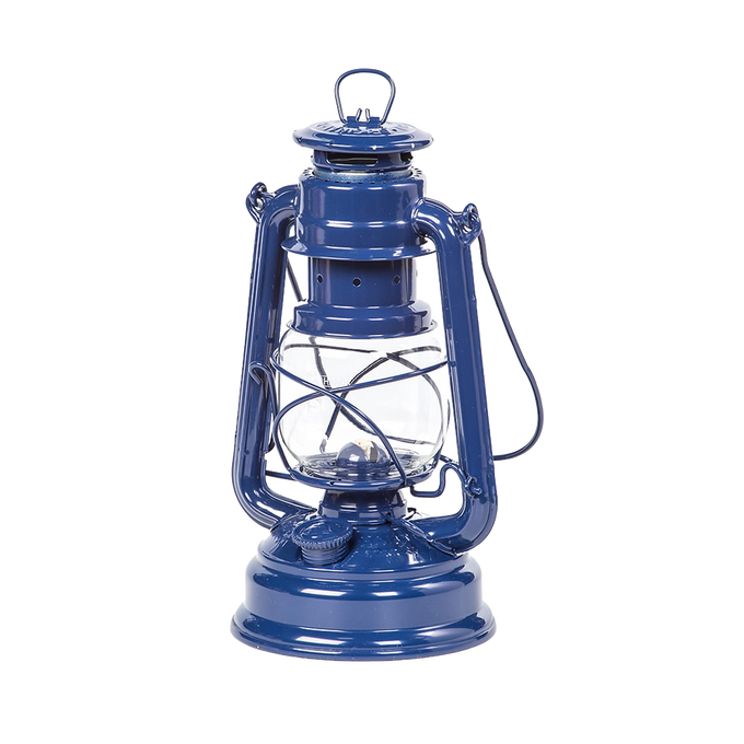Blue galvanized oil lantern with heat-resistant clear glass globe and sturdy metal frame, designed for reliable light in camping, emergency supplies, and outdoor use, featured in best sellers and promo collections.