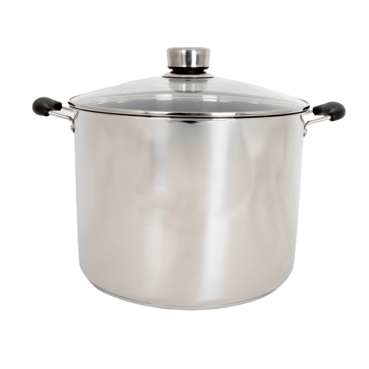Stainless steel 21.5-quart water bath canner with glass lid and black handles, handcrafted for Kitchen & Food, Food Preservation, Canning, and Water Bath Canners collections.