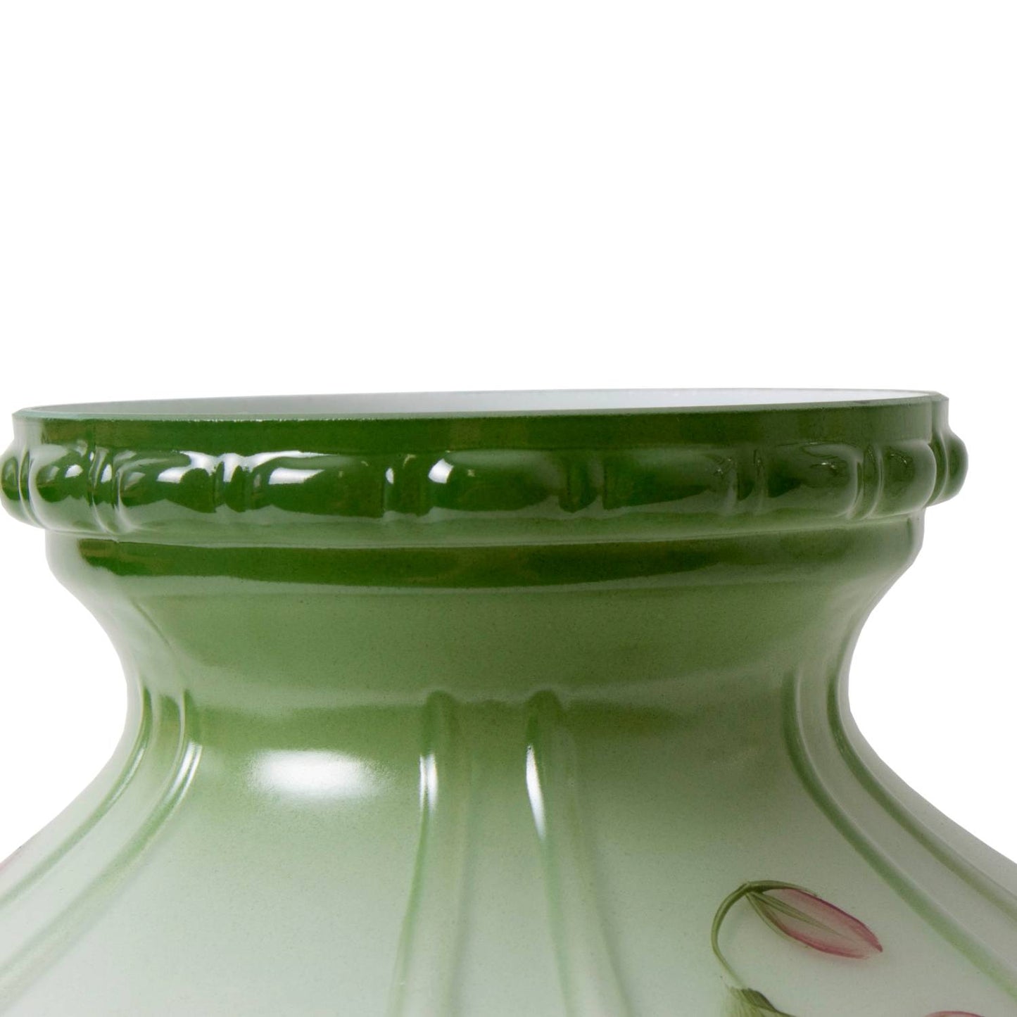 Handcrafted glass oil lamp shade in pale green with raised detailing and subtle violet floral accents, ideal for Lamps & Lighting, Parts and Accessories, and Lamp Shades collections.