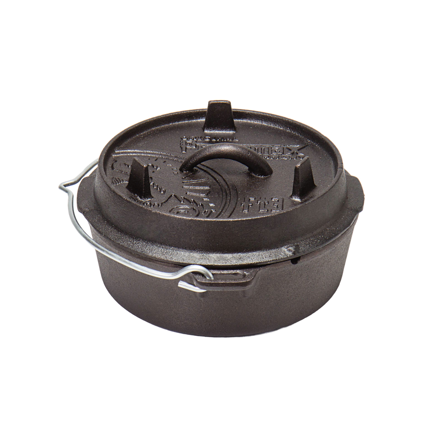 Black cast iron Dutch oven with flat base and sturdy bail handle, featuring an embossed lid with raised feet for stacking, ideal for Kitchen & Food, Cookware, Cast Iron, Best Sellers, and Promo Eligible collections.