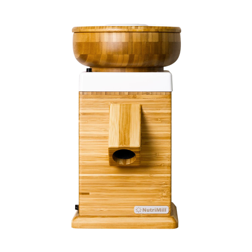 Front view of an electric grain mill with a natural bamboo body and wooden grain hopper, designed for Kitchen & Food, Grain Mills, Best Sellers, and Bread Making Supplies collections.