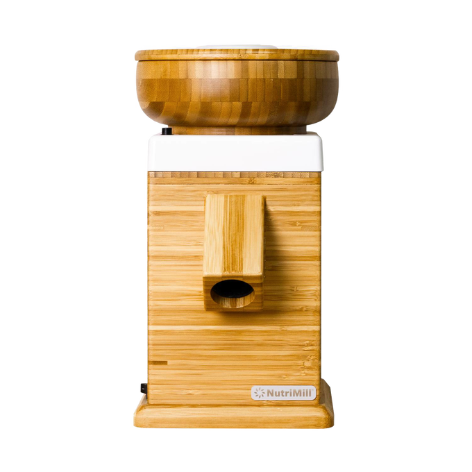 Front view of an electric grain mill with a natural bamboo body and wooden grain hopper, designed for Kitchen & Food, Grain Mills, Best Sellers, and Bread Making Supplies collections.