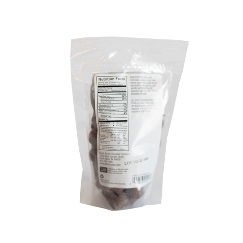 Clear resealable bag of handcrafted double dipped chocolate peanuts with nutrition facts and allergen information visible, perfect for Kitchen & Food, Snacks and Sweets, Candy, USA Made, Best Sellers, and Promo Eligible collections.