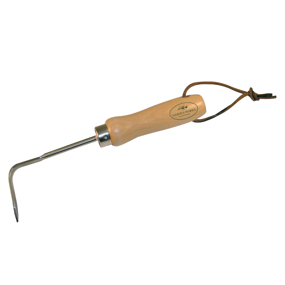Handcrafted weeding tool with a curved stainless steel tip and ergonomic wooden handle, designed for precision in tight garden spaces, featured in Farm, Garden & Tool and Digging and Cultivating collections.