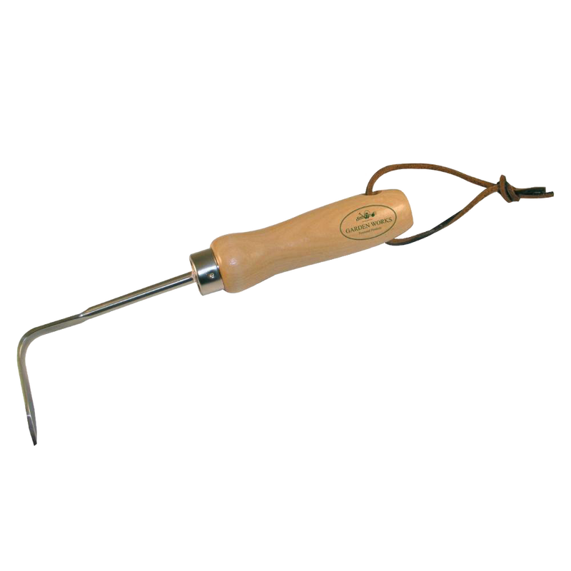 Handcrafted weeding tool with a curved stainless steel tip and ergonomic wooden handle, designed for precision in tight garden spaces, featured in Farm, Garden & Tool and Digging and Cultivating collections.
