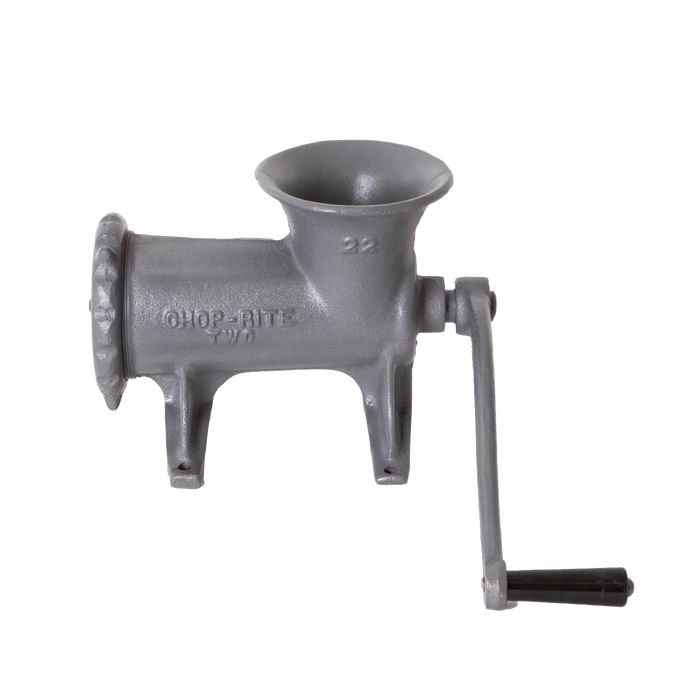Gray cast iron hand-crank bolt-down meat grinder with embossed brand name and number, featuring durable Xylon coating for corrosion resistance, ideal for Kitchen & Food and Butchering Supplies collections.