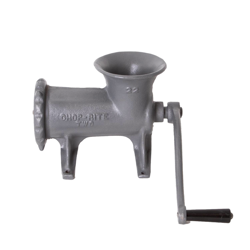 Gray cast iron hand-crank bolt-down meat grinder with embossed brand name and number, featuring durable Xylon coating for corrosion resistance, ideal for Kitchen & Food and Butchering Supplies collections.