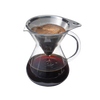 Glass coffee brewer with a stainless steel reusable micro filter brewing dark coffee, designed for manual pour-over use in kitchen and coffee brewing collections.