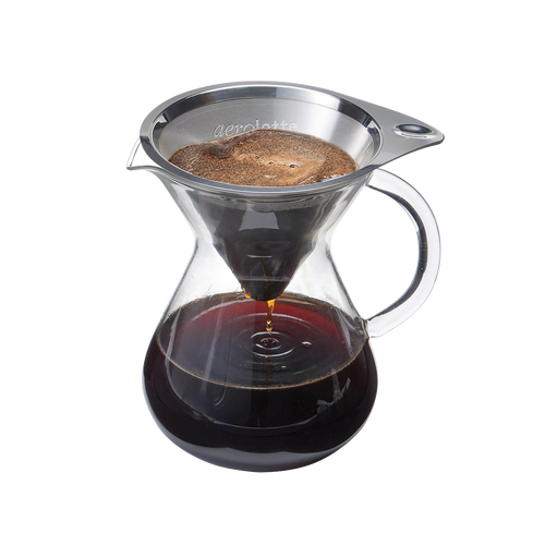 Glass coffee brewer with a stainless steel reusable micro filter brewing dark coffee, designed for manual pour-over use in kitchen and coffee brewing collections.