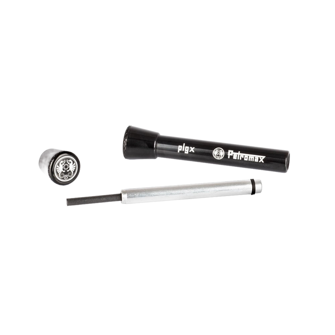 Compact portable firestarter with black metal casing and a steel rod, designed for reliable ignition in camping and emergency supplies within farm, garden, and tool collections.
