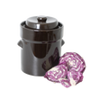 Handcrafted dark brown stoneware fermenting crock with lid, accompanied by fresh purple cabbage pieces, ideal for Kitchen & Food, Food Preservation, Fermenting and Pickling, and Best Sellers collections.