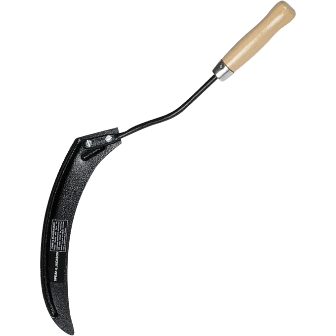 Grass cutting hook with a carbon steel black hammer powder-coated blade and weatherproofed hardwood handle, designed for farm, garden, and lawncare use, featured in best sellers.