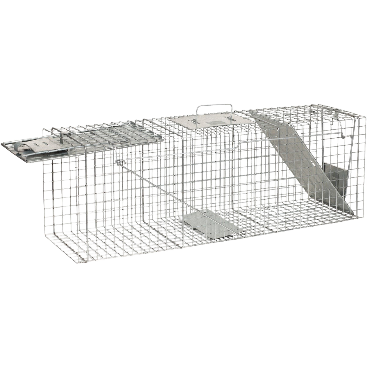 Large metal live animal trap with a top handle and entrance ramp, designed for safely capturing and relocating pests, ideal for Farm, Garden & Tool, Garden Accessories, Lawncare, and Pest Control collections.