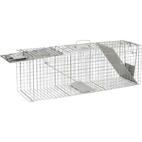 Large metal live animal trap with a top handle and entrance ramp, designed for safely capturing and relocating pests, ideal for Farm, Garden & Tool, Garden Accessories, Lawncare, and Pest Control collections.