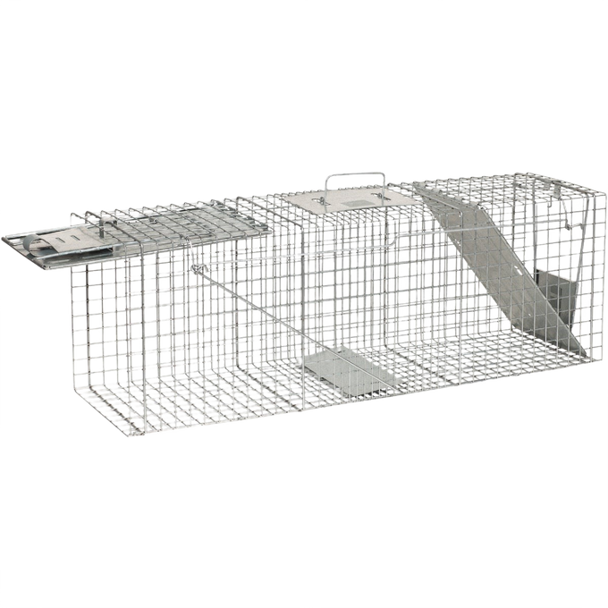 Large metal live animal trap with a top handle and entrance ramp, designed for safely capturing and relocating pests, ideal for Farm, Garden & Tool, Garden Accessories, Lawncare, and Pest Control collections.