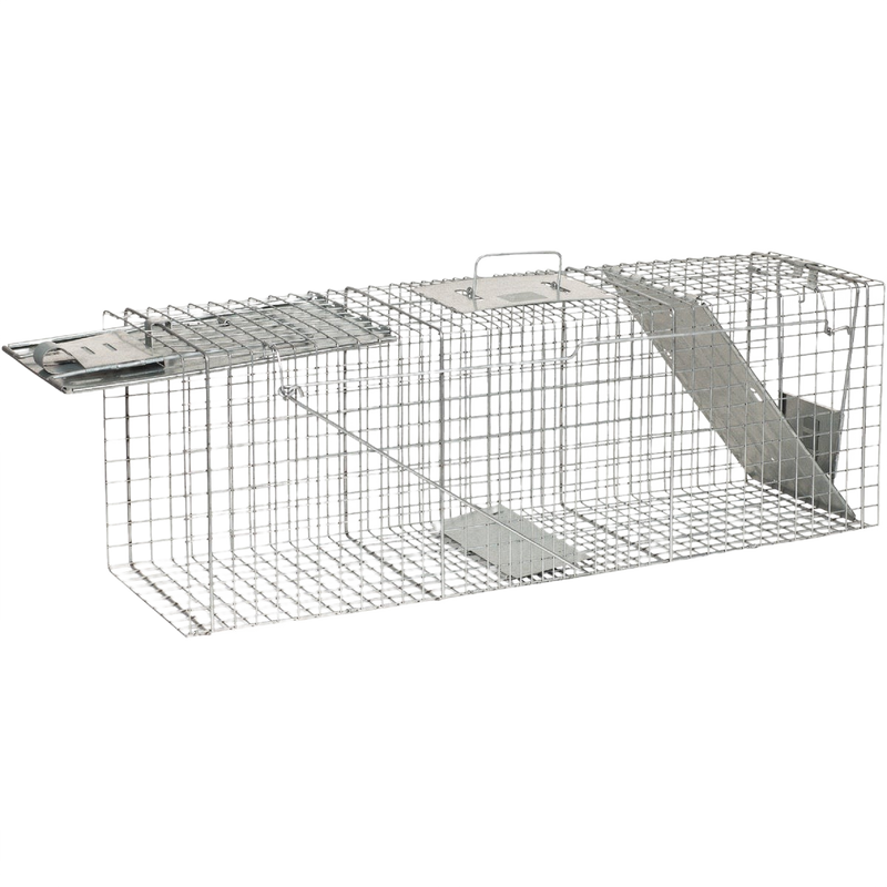 Large metal live animal trap with a top handle and entrance ramp, designed for safely capturing and relocating pests, ideal for Farm, Garden & Tool, Garden Accessories, Lawncare, and Pest Control collections.