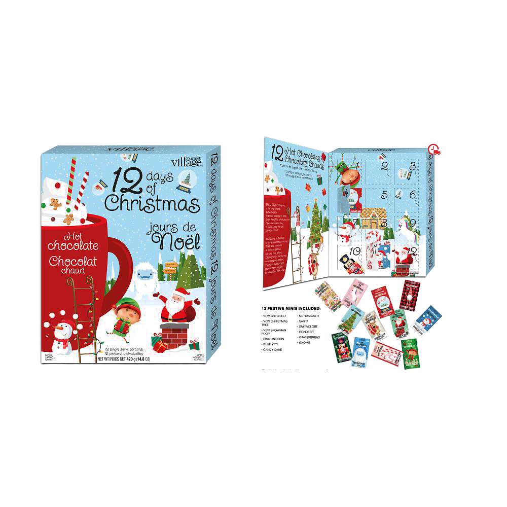 Colorful advent calendar featuring 12 single-serve festive hot chocolate mixes in assorted holiday flavors, perfect for cozy moments and ideal for Kitchen & Food, Snacks and Sweets, Beverages, and Best Sellers collections.