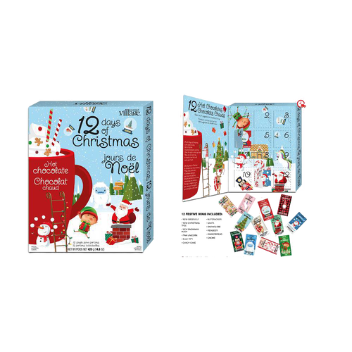 Colorful advent calendar featuring 12 single-serve festive hot chocolate mixes in assorted holiday flavors, perfect for cozy moments and ideal for Kitchen & Food, Snacks and Sweets, Beverages, and Best Sellers collections.
