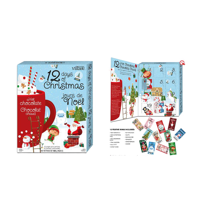 Colorful advent calendar featuring 12 single-serve festive hot chocolate mixes in assorted holiday flavors, perfect for cozy moments and ideal for Kitchen & Food, Snacks and Sweets, Beverages, and Best Sellers collections.