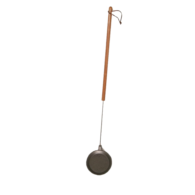 Long-handled cast iron skillet with a 32-inch wooden handle for safe campfire cooking, perfect for beginners and family use, featured in Farm, Garden & Tool, Camping, and Best Sellers collections.
