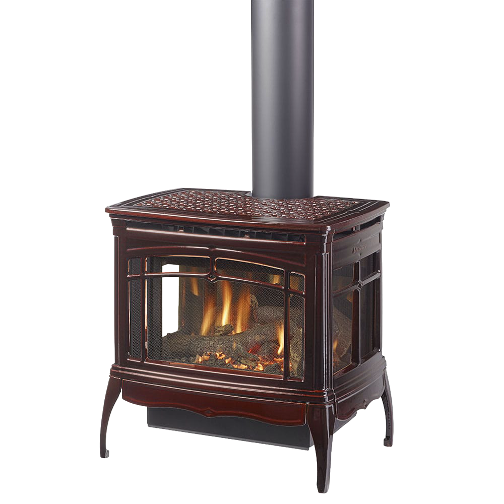 Large freestanding gas stove with three-sided glass panels and reflective interior glass, showcasing warm flames; designed for effective heating in stoves, heatstoves, and best sellers.