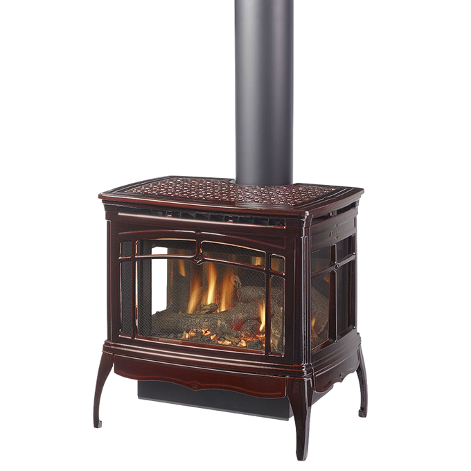 Large freestanding gas stove with three-sided glass panels and reflective interior glass, showcasing warm flames; designed for effective heating in stoves, heatstoves, and best sellers.