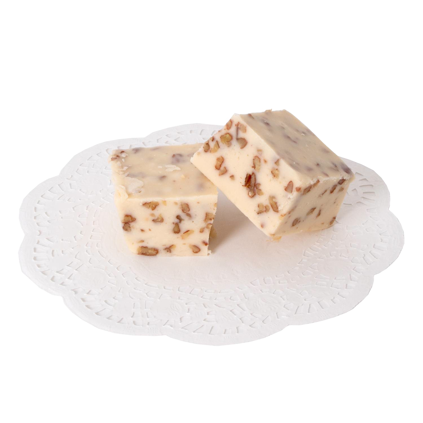 Two pieces of handcrafted creamy white fudge with pecan pieces, presented on a delicate lace paper doily, part of Kitchen & Food, Snacks and Sweets, USA Made, and Best Sellers collections.