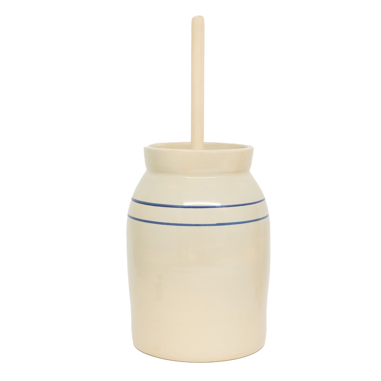 Handcrafted pottery butter churn in natural stone color with smooth unfinished wooden dasher and traditional double blue stripes, made in USA, ideal for Kitchen & Food and Specialty Equipment collections.