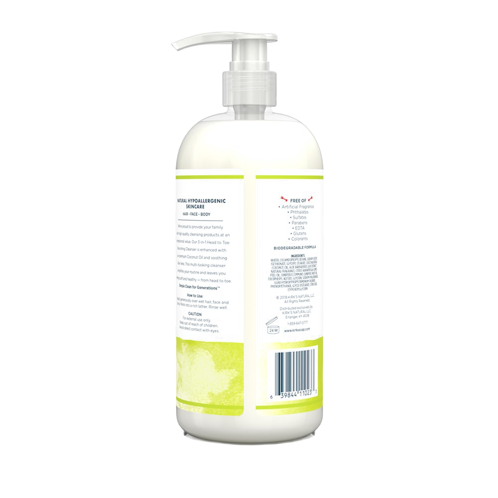 Back view of a handcrafted, USA-made nourishing cleanser bottle with pump, highlighting a biodegradable, hypoallergenic formula free of artificial fragrances, sulfates, and parabens, suitable for Health & Wellness, Grooming and Personal Hygiene, and Shampoo and Conditioner collections.