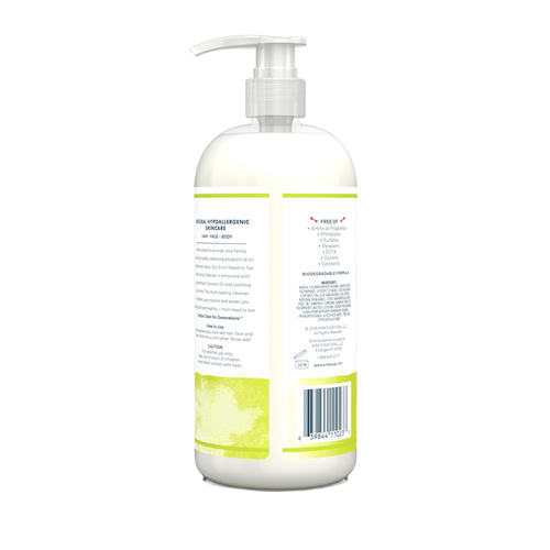 Back view of a handcrafted, USA-made nourishing cleanser bottle with pump, highlighting a biodegradable, hypoallergenic formula free of artificial fragrances, sulfates, and parabens, suitable for Health & Wellness, Grooming and Personal Hygiene, and Shampoo and Conditioner collections.