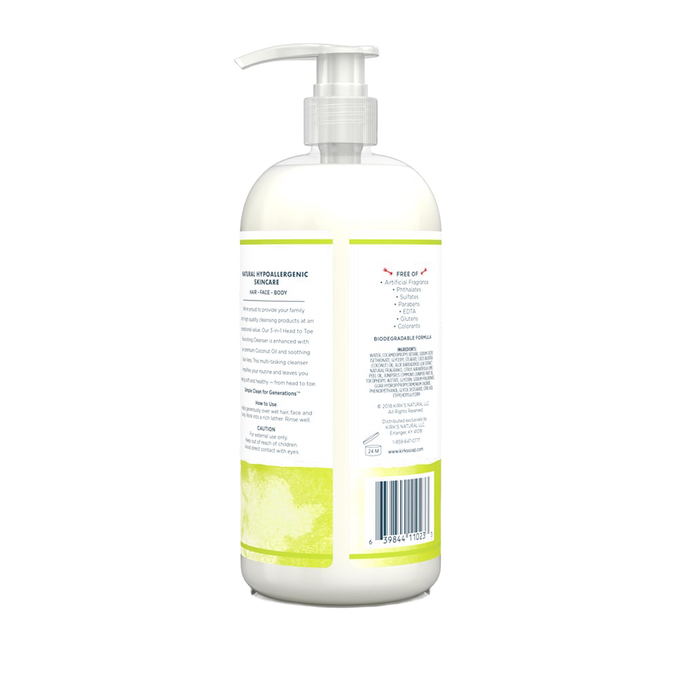 Back view of a handcrafted, USA-made nourishing cleanser bottle with pump, highlighting a biodegradable, hypoallergenic formula free of artificial fragrances, sulfates, and parabens, suitable for Health & Wellness, Grooming and Personal Hygiene, and Shampoo and Conditioner collections.