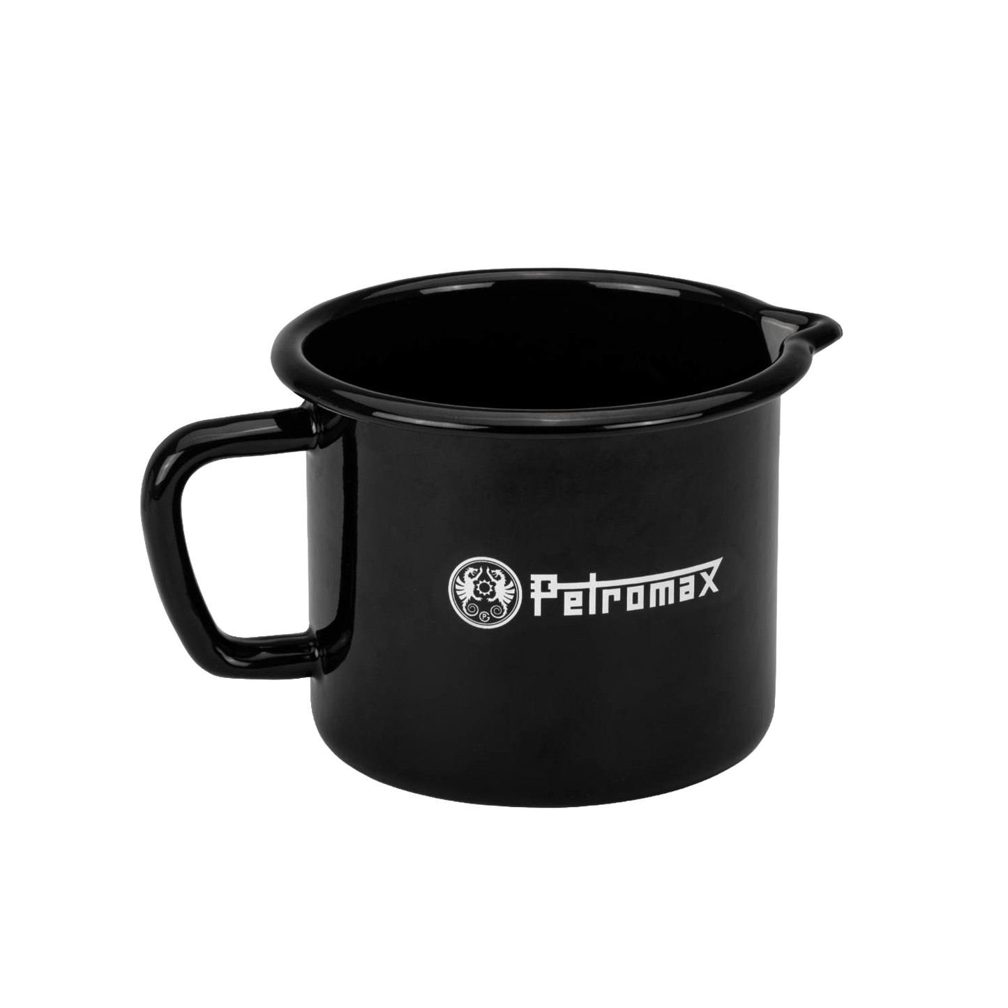 Black enameled steel milk pot with handle and spout, handcrafted for durable use in camping, cookware, kitchen, farm, garden, and best sellers collections.