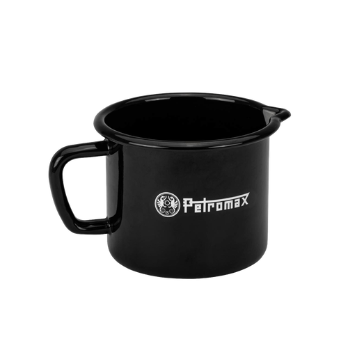 Black enameled steel milk pot with handle and spout, handcrafted for durable use in camping, cookware, kitchen, farm, garden, and best sellers collections.