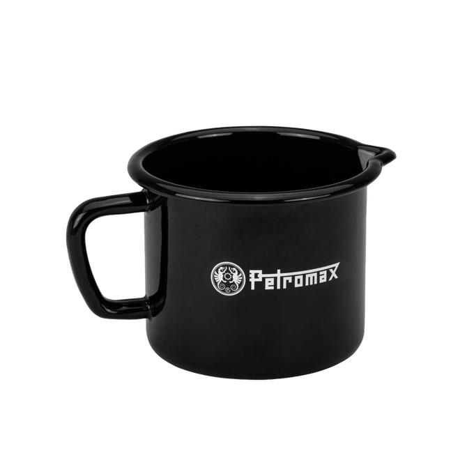Black enameled steel milk pot with handle and spout, handcrafted for durable use in camping, cookware, kitchen, farm, garden, and best sellers collections.