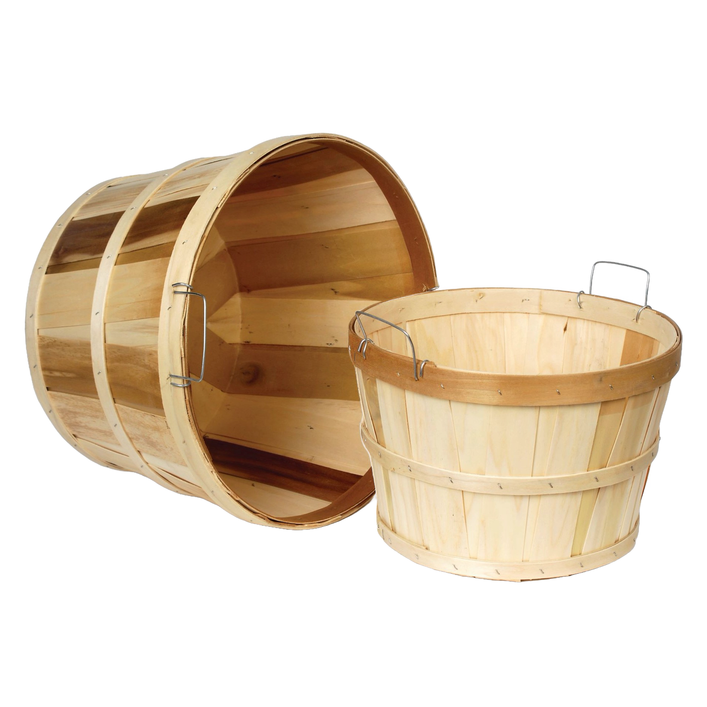 Set of two handcrafted poplar wood bushel baskets, featuring half and full sizes with metal handles, ideal for farm and garden use, made in USA, part of Best Sellers and Garden Accessories collections.