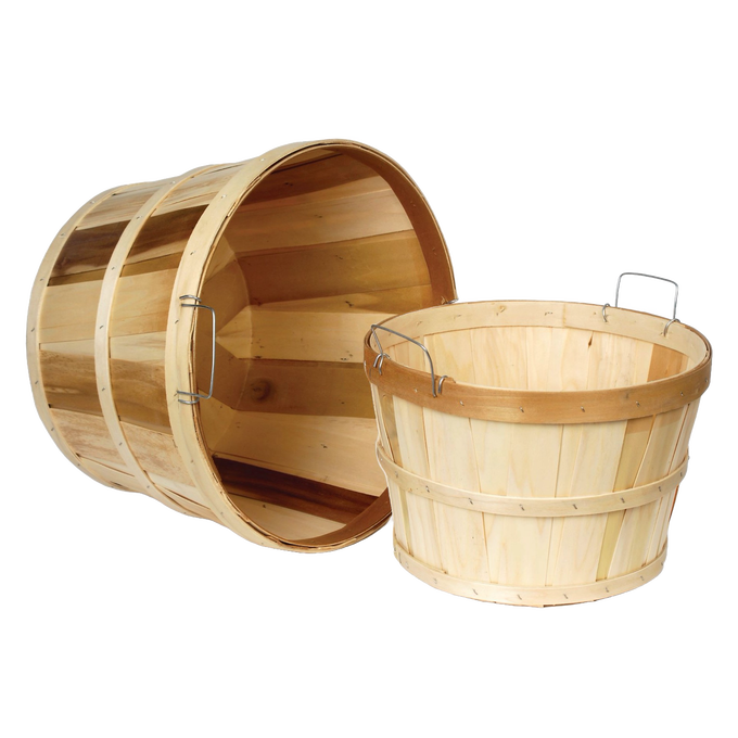 Set of two handcrafted poplar wood bushel baskets, featuring half and full sizes with metal handles, ideal for farm and garden use, made in USA, part of Best Sellers and Garden Accessories collections.