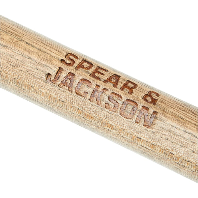 Close-up of a weatherproofed wooden handle engraved with brand name, designed for durability in farm, garden, digging, and lawncare tools.