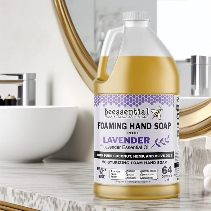Handcrafted 64-ounce foaming hand soap refill scented with lavender essential oil, made with pure coconut, hemp, and olive oils, featured in Health & Wellness, Grooming and Personal Hygiene, Soaps collections, USA Made, and Best Sellers.
