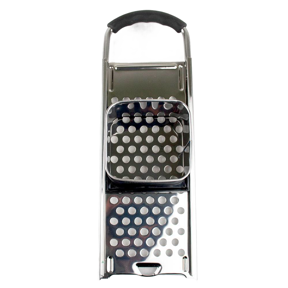 Handcrafted spaetzle maker featuring a sliding square hopper and polished stainless steel grater with ergonomic black handle, perfect for Kitchen & Food, Cookware, and Baking Supplies collections.