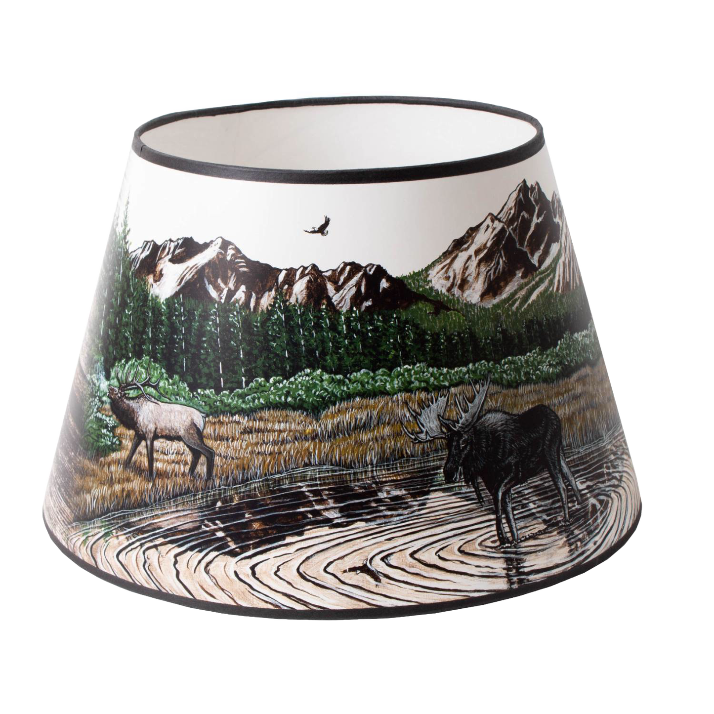 Handcrafted parchment oil lamp shade with a Rocky Mountain wildlife scene featuring a moose and elk near a forest and mountain backdrop, ideal for Lamps & Lighting, Parts and Accessories, Lamp Shades, and Best Sellers collections.
