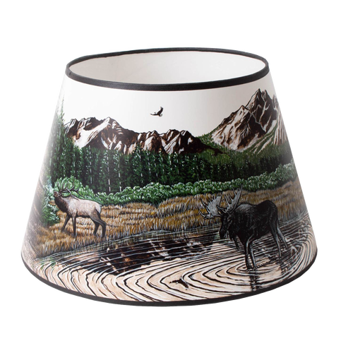 Handcrafted parchment oil lamp shade with a Rocky Mountain wildlife scene featuring a moose and elk near a forest and mountain backdrop, ideal for Lamps & Lighting, Parts and Accessories, Lamp Shades, and Best Sellers collections.