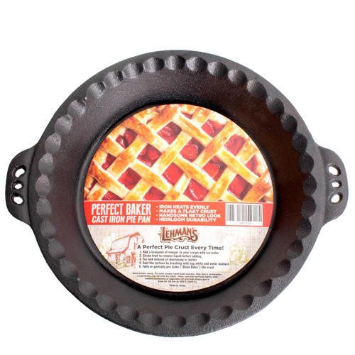 Handcrafted cast iron pie pan with decorative crimped edges and dual handles, designed for even heat distribution and durability, perfect for Kitchen & Food, Cookware, Cast Iron, Baking Supplies, Best Sellers, and Promo Eligible collections.