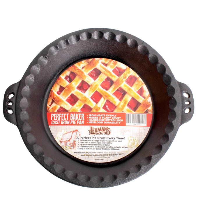 Handcrafted cast iron pie pan with decorative crimped edges and dual handles, designed for even heat distribution and durability, perfect for Kitchen & Food, Cookware, Cast Iron, Baking Supplies, Best Sellers, and Promo Eligible collections.