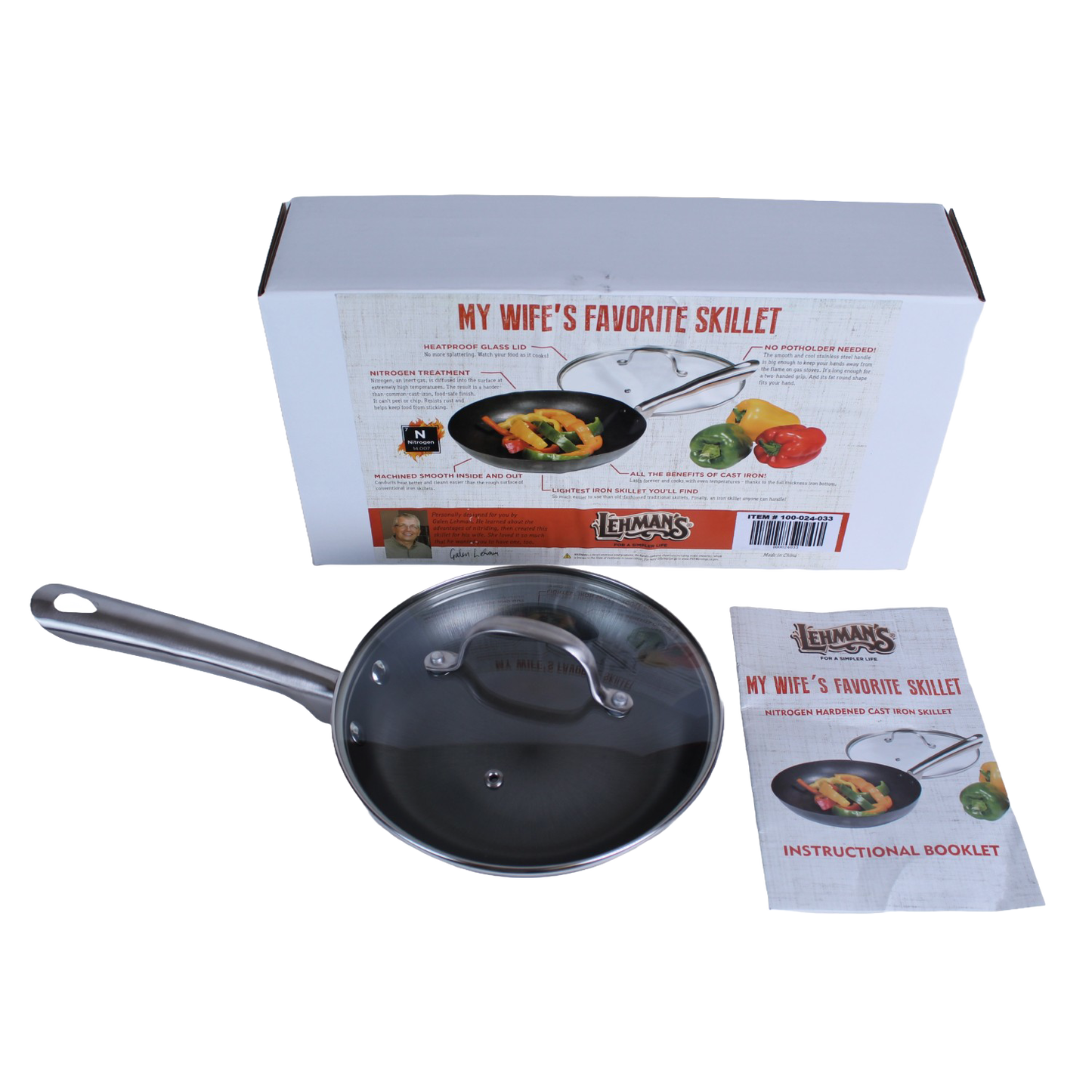 Handcrafted nitrogen hardened cast iron skillet with smooth stainless steel handle and clear tempered glass lid, shown with instructional booklet and packaging, featured in Kitchen & Food, Cookware, Cast Iron, and Best Sellers collections.