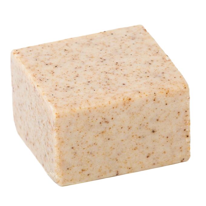 Square bar of natural eucalyptus and mint shaving soap with speckled texture, handcrafted in USA, ideal for sensitive skin and featured in Health & Wellness and Grooming collections.