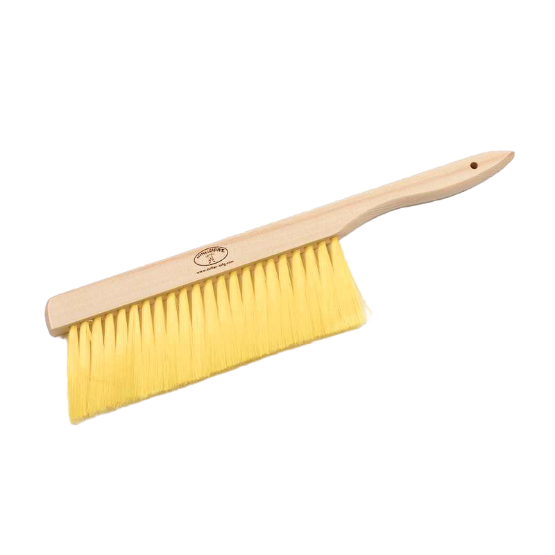 Beekeeping brush with soft yellow bristles and a smooth wooden handle, designed for gentle removal of bees during hive inspection, featured in Farm, Garden & Tool and Beekeeping Supplies collections.