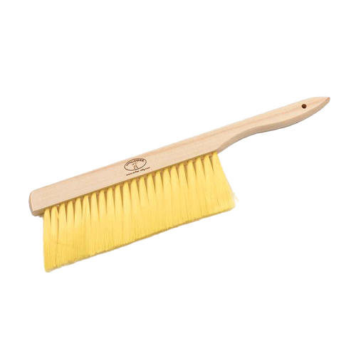 Beekeeping brush with soft yellow bristles and a smooth wooden handle, designed for gentle removal of bees during hive inspection, featured in Farm, Garden & Tool and Beekeeping Supplies collections.